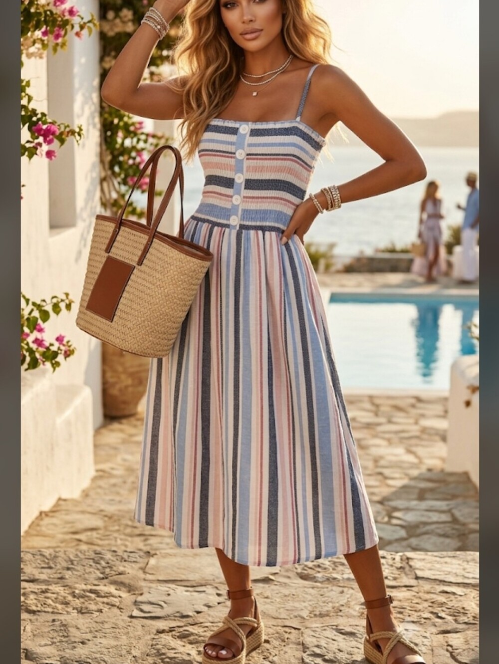 Indigo Rein Blue, Pink and Cream Striped Midi Dress